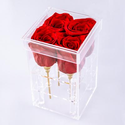 4PCS Everlasting Roses With Stem Transparent Acrylic Display Box