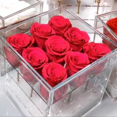 9PCS Everlasting Roses With Stem Transparent Acrylic Display Box